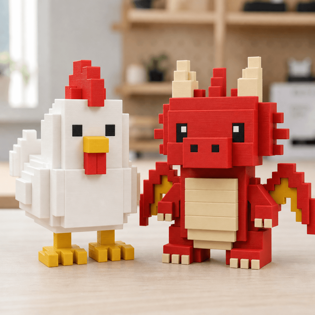 3D printed rooster and dragon Pixel Pets