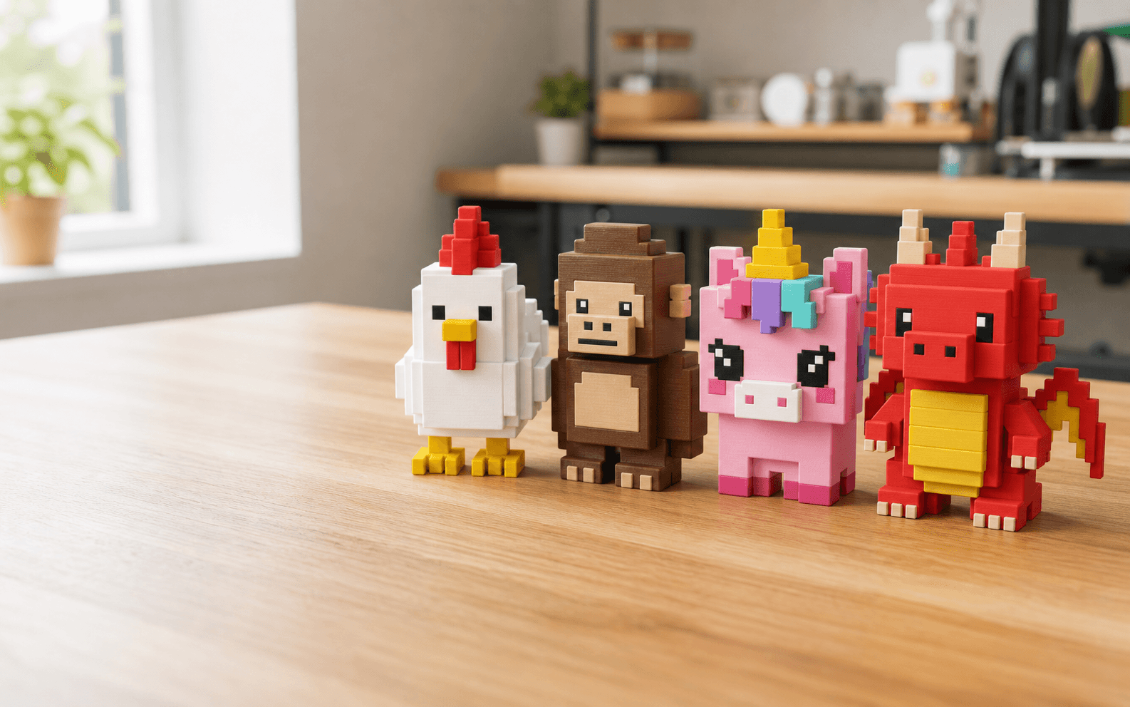 3D printed Pixel Pets on a wooden table