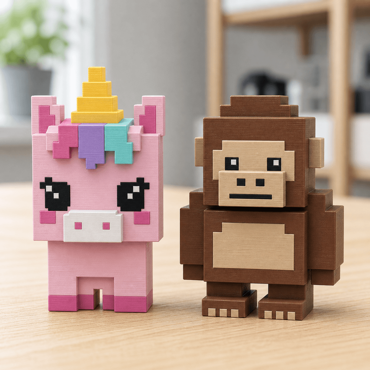 3D printed unicorn and gorilla Pixel Pets