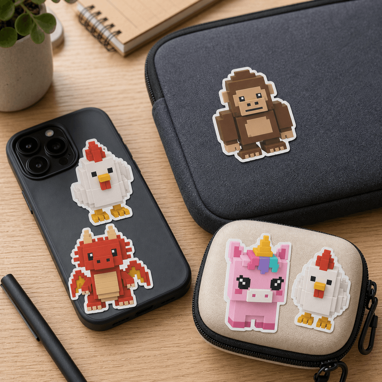 Pixel Pet stickers on phone case and everyday carry pouches