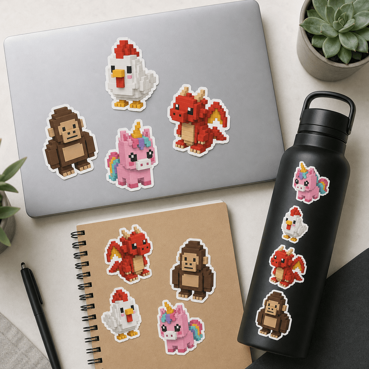 Pixel Pet stickers on laptop, notebook, and bottle