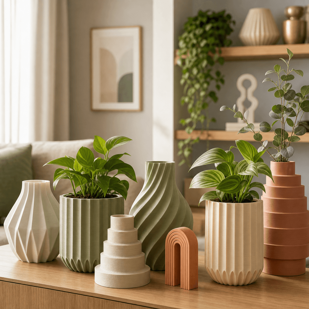 3D printed vases, plant pots, and decor in a living room